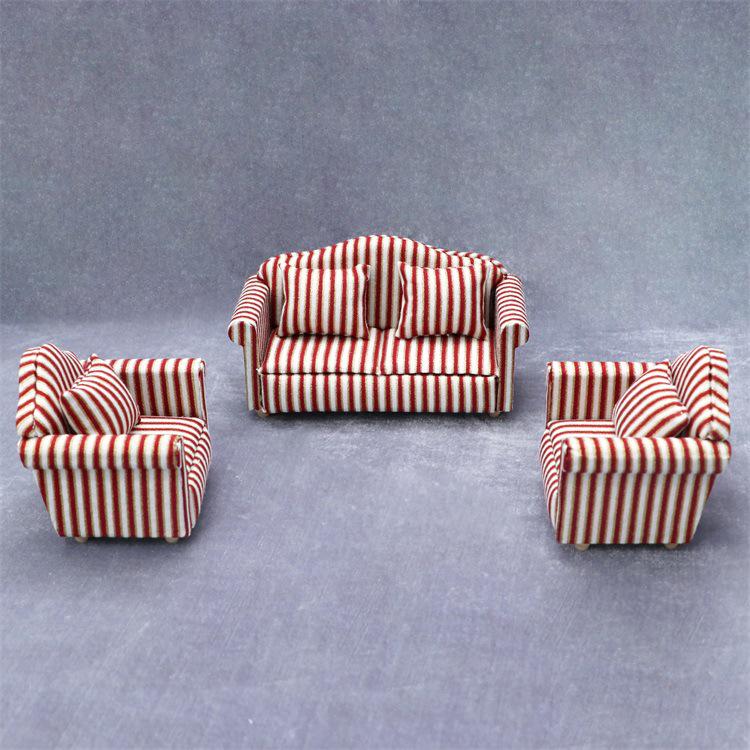 1:12 Dollhouse Miniature Living Room Sofa Set: Gold Trim & Red Stripe Sofa with Throw Pillows