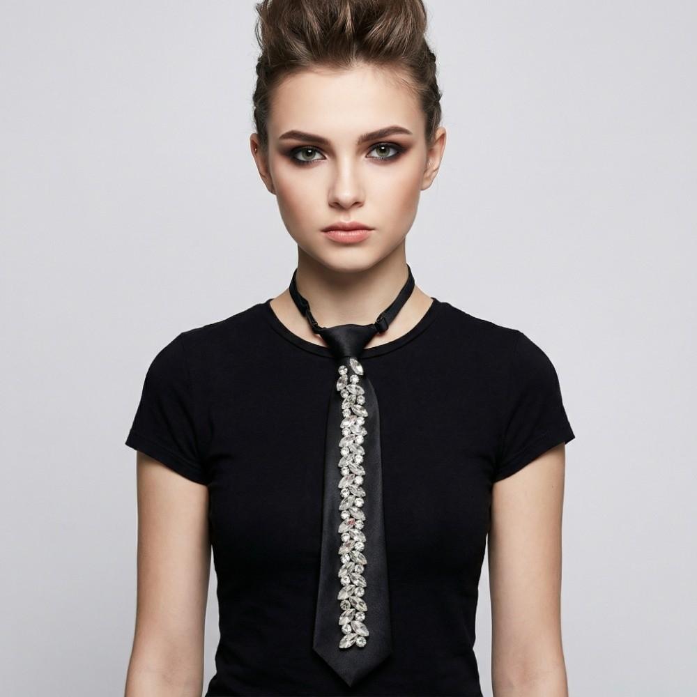 Locomotive Style Crystal Long Necktie Choker Pre-tied Tie Rhinestone Tie  JK Uniform Decoration