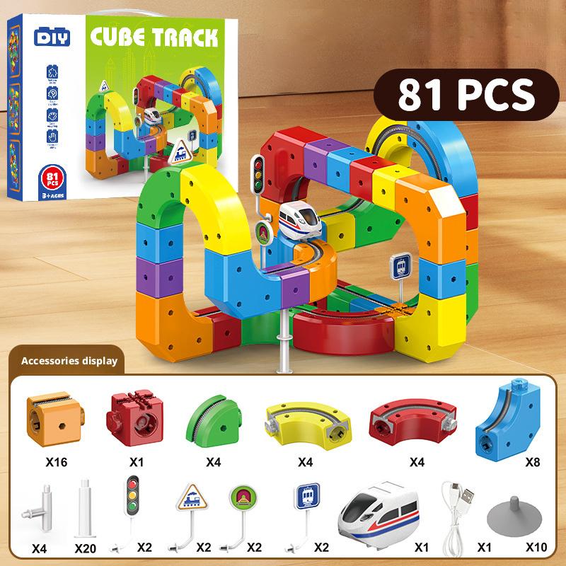 51/81/123PCS Magical Track Train Electric Toys 3D Building Tracks Cube Rails USB Rechargeable Parent Child Interactive Toys