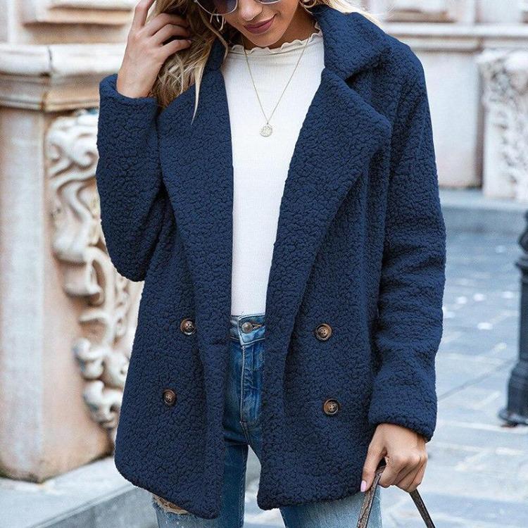 Elegante Cappotto Invernale da Donna in Ecopelliccia Caldo Peluche Orsacchiotto Monocolore Capospalla Femminile Tasca Casual Autunno Cashmere 22942