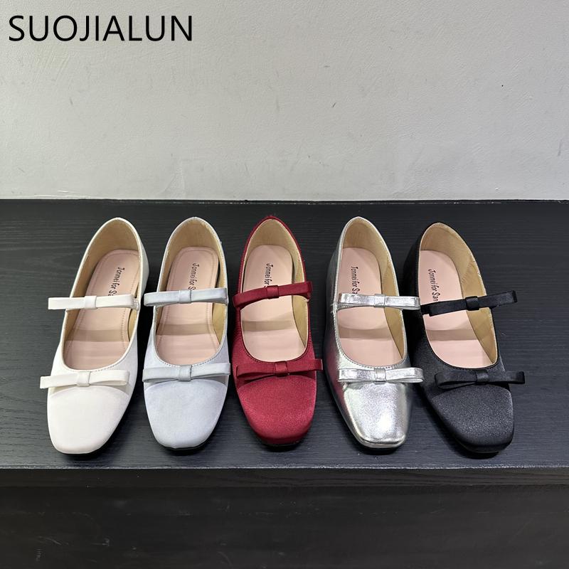 Fashion SUOJIALUN 2025 New Brand Women Flat Shoes Fashion Round Toe Shallow Slip On Bow-knot Ladies Elegant Single Shoes Soft Heel Boat