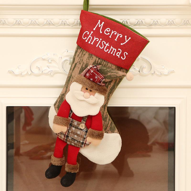 Linen Cloth Christmas Stockings With Santa Claus Snowman Reindeer Pattern For Christmas Decorations