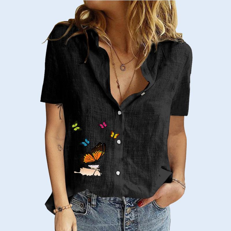 

Женская мода, топ с воротником с лацканами, летние и осенние блузки с принтом, женская футболка с короткими рукавами, хлопково-льняной кардиган, футболка M чёрный