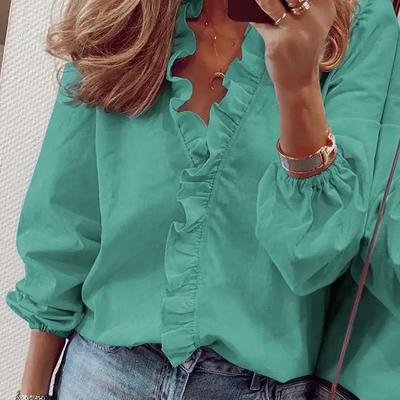 Spring and Summer Long Sleeved Ruffle Edge Shirt for Women