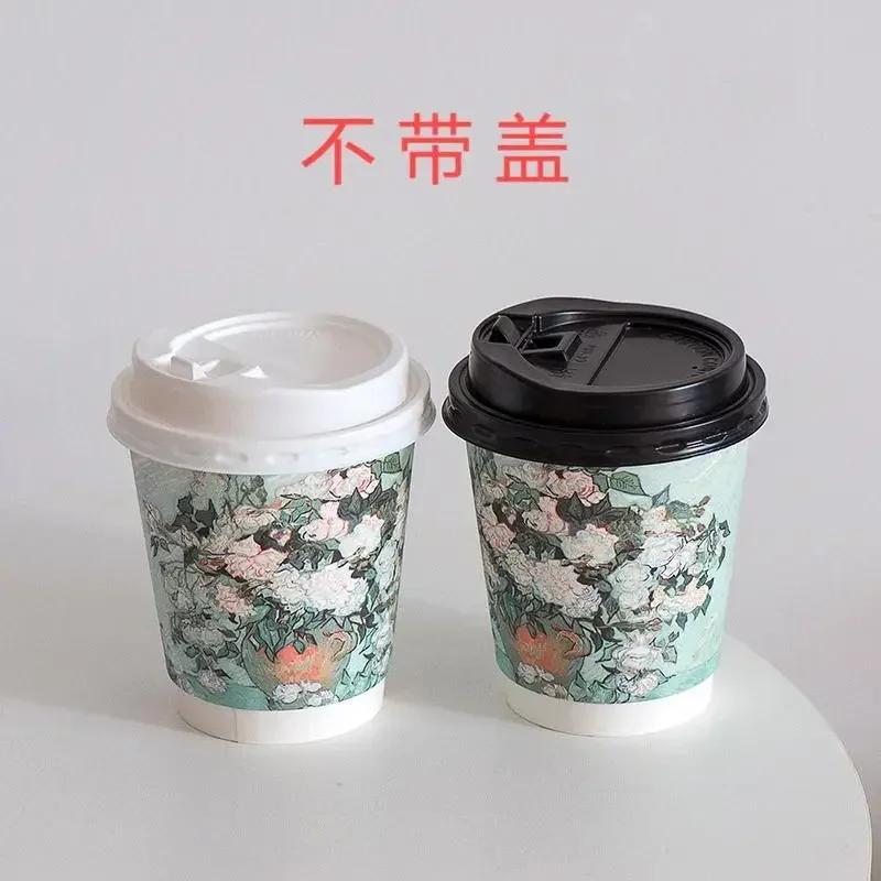 

25 наборов бумажных стаканчиков для масляной живописи, одноразовые стаканчики для кофе с цветочным узором и крышкой, стаканчики для сока и молочного чая 330/400/двухслойные 25 sets