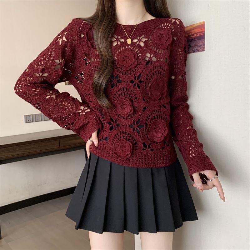 Suéter de punto hueco de crochet francés, top de flores tridimensionales de talla grande para mujer, otoño e invierno