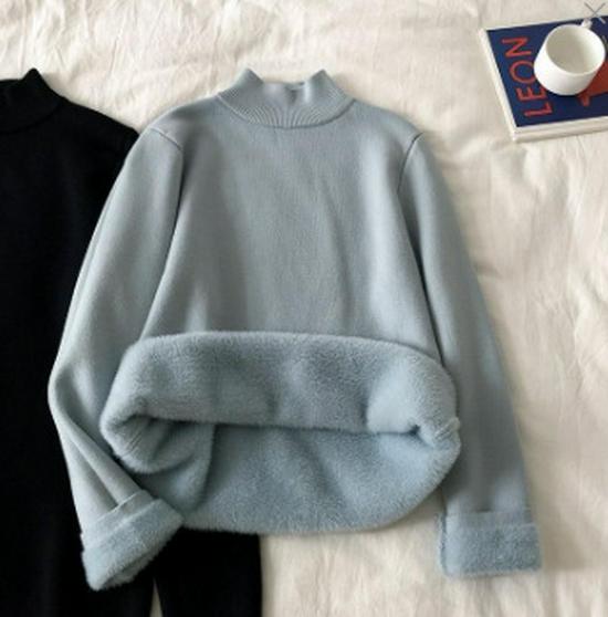 

Женский флисовый трикотажный топ: Полувысокий воротник, плюс бархат, плотный, универсальный базовый слой для осени/зимы. One Size (80-120 jin) синий/серый