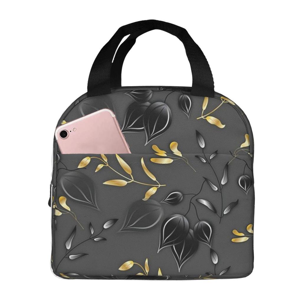 Black Golden Leaf Print Insulated Lunch Bag for Women Children Leakproof Food Boxes Thermal Lunch Box Tote