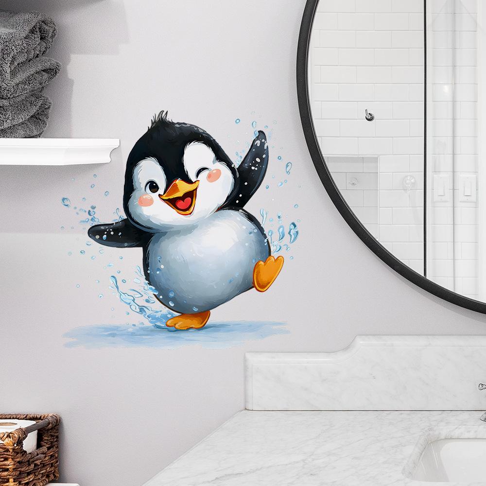 Cartoon Mischievous Penguin Playing In Water Bathroom Decoration Wall Sticker for Interior Design