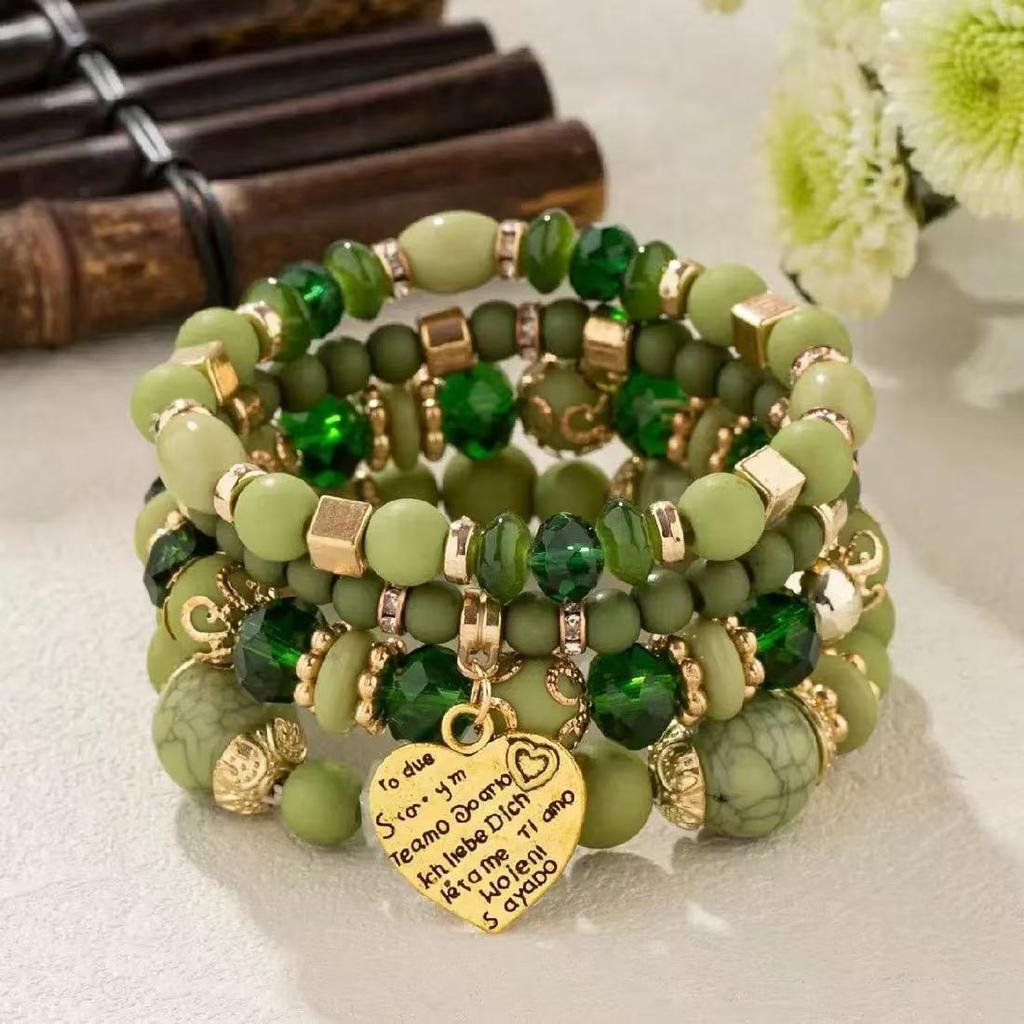Bohemian-style Bracelet Set with A Fashionable Heart-shaped Pendant; Ethnic-style Multi-layered Crystal Elastic Bracelet