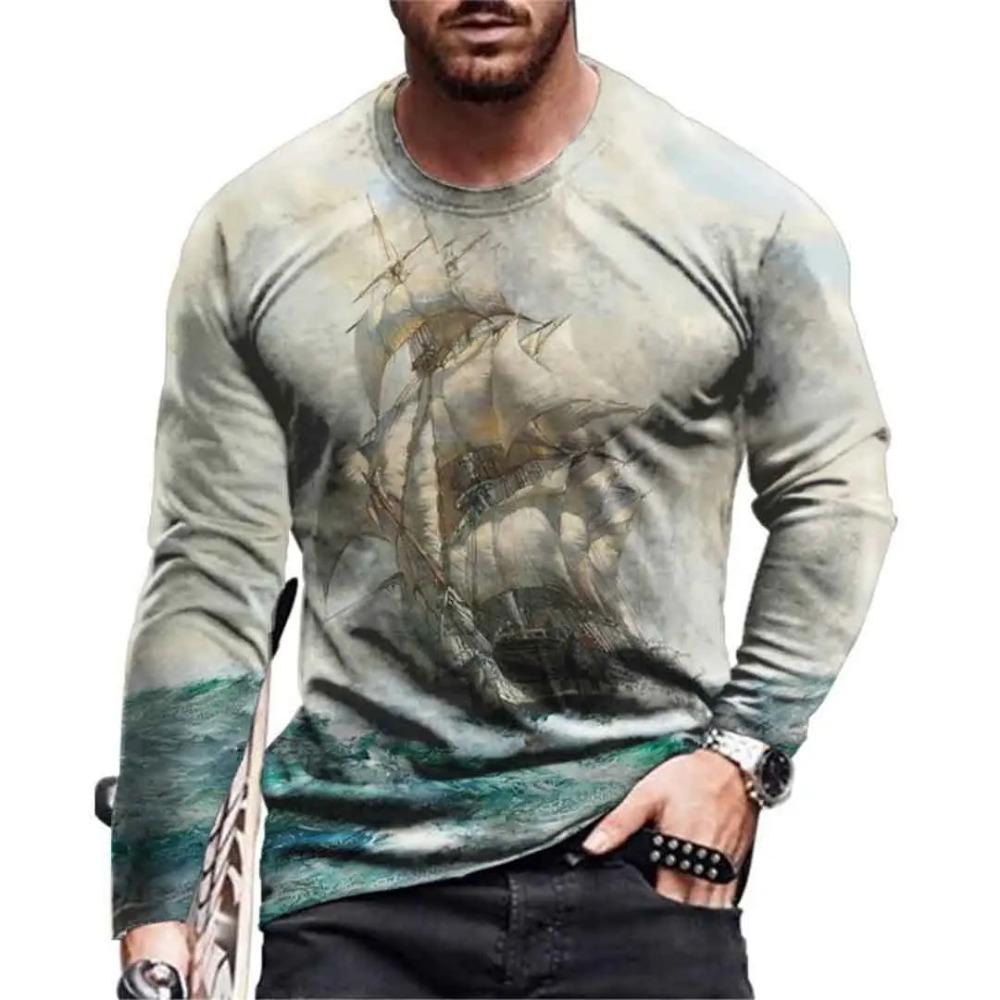 Navigation Sailing Ship3D Digital Printed Men's Fashion Trend Round Neck Long Sleeved T-shirt