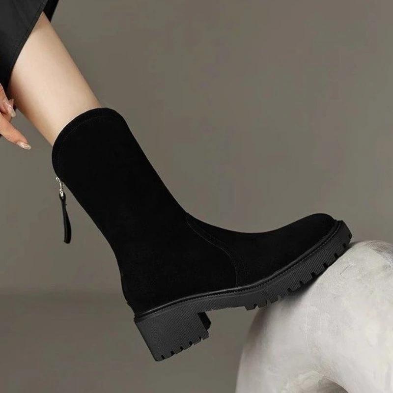 Fashion Brown Round Toe Half High Boots for Women British Style Goth on Promotion 2025 New Offer in Trend Gothic Mid Calf Shoes Woman