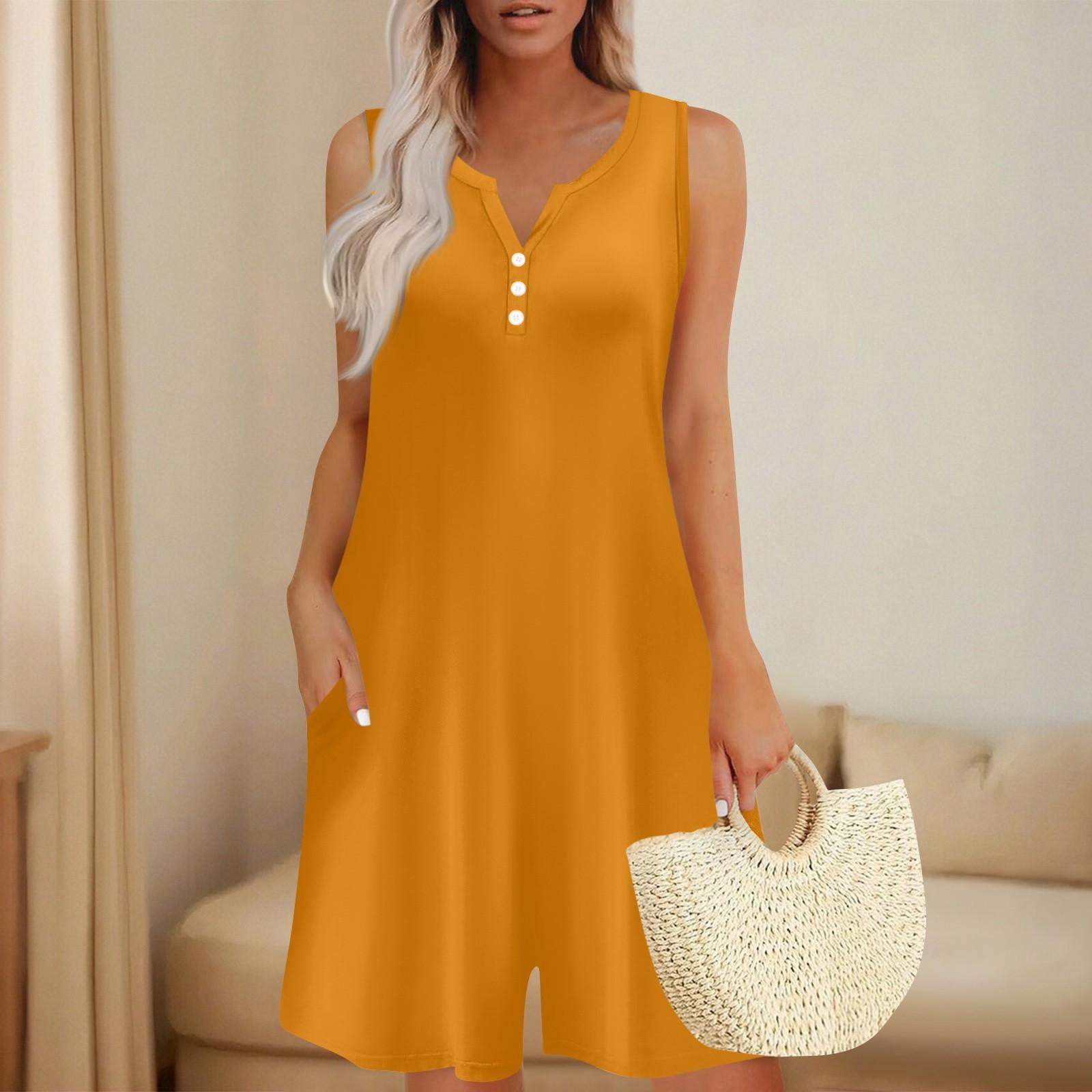 

Женские модные и повседневные цельные шорты без рукавов с карманом на пуговицах XL жёлтый