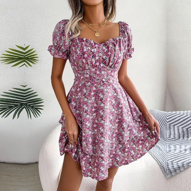 Elegant Floral Summer Dress for Women Square Collar Short Sleeve Lace Up Spring Outfit Sizes S To XL