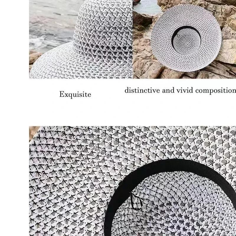Nuevo Sombrero de Paja Redondo Grande Estilo Retro Sombreros de Sol para Mujer Visera para Viajes y Vacaciones Sombrero de Playa Vintage para Mujer Blanco y Negro