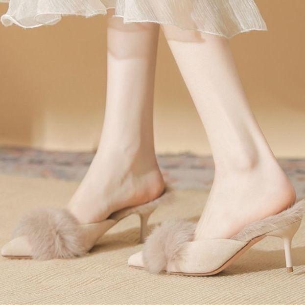 Baotou High Heels Fairy Fluffy Slippers Female Stiletto Mid-heel Half-drag Outer Wear Versatile Internet Celebrity Autumn and Winter Warm Sandals