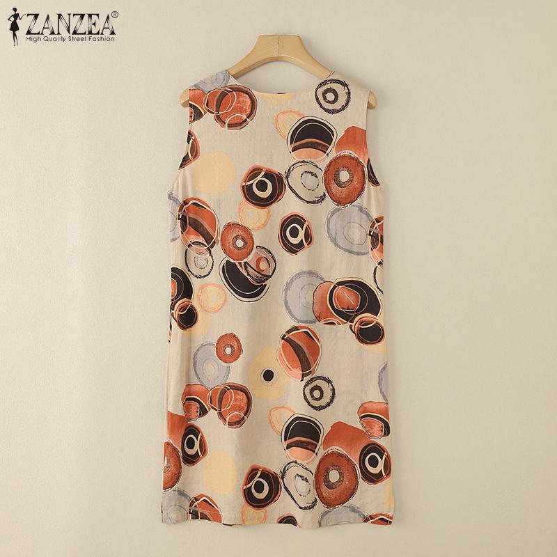 ZANZEA Women Holiday Casual Round Neck Sleeveless Print Dress