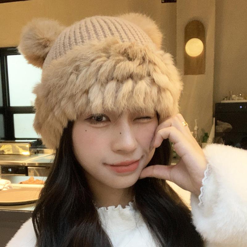 Automne et hiver mignon ours oreilles chapeau en laine femme peluche chaud moelleux automne et hiver grand tour de tête chapeau tricoté