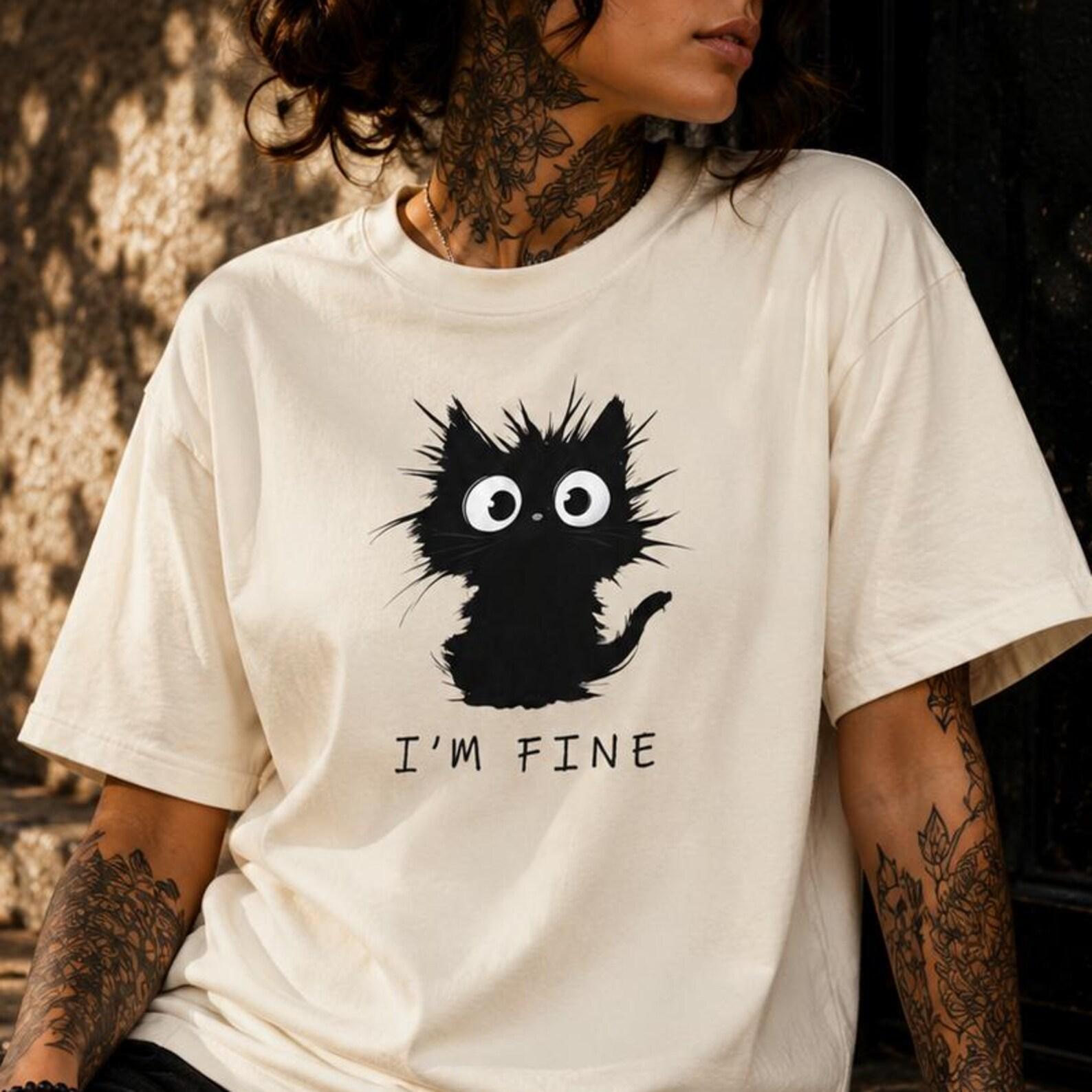 I m Fine Cat Shirt, Funny Anxiety Black Cat Meme Tee, Introvert Gift S