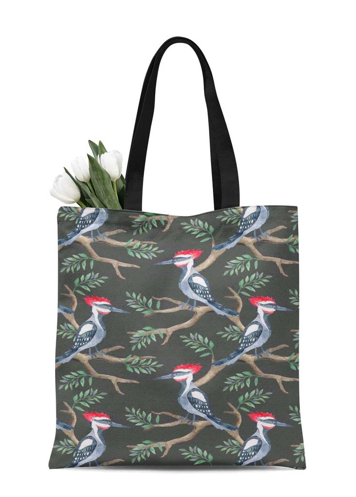 S4Sassy Grey Pecan Leaves & Woodpecker Bird Print Canvas Shopping Tote Bag Carrying Handbag Casual Shoulder Bag 16x12