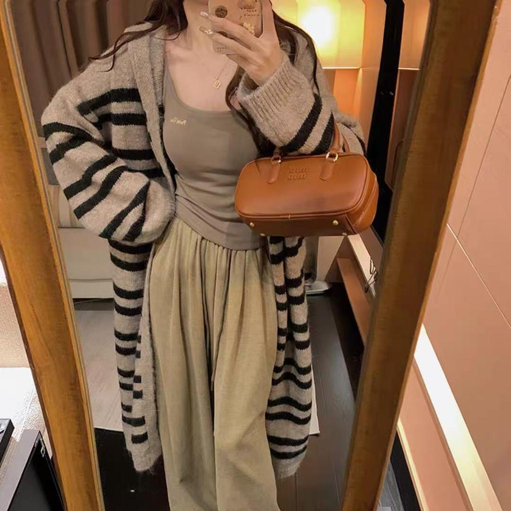 Korean Style Striped Hooded Cardigan - Autumn/Winter 2025 Mid-Length Loose Fit Sweater
