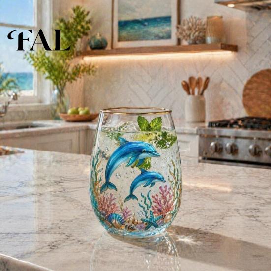Safe Drinking Glassware Ocean-Themed Glass Cup, Jellyfish/Dolphins/Sea Turtles/Octopus Hand-Painted, Thickened Decorative Barware for Restaurants
