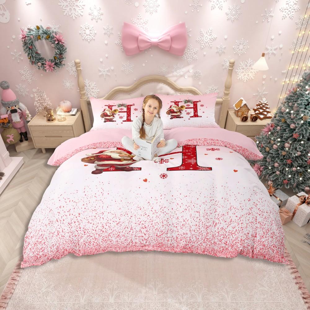 Homewish Červený Set povlaku na přikrývku s písmeny A až M, Kawaii Kreslený Set ložního prádla s Santa Clausem, Veselé Vánoce Oboustranný Set do postele