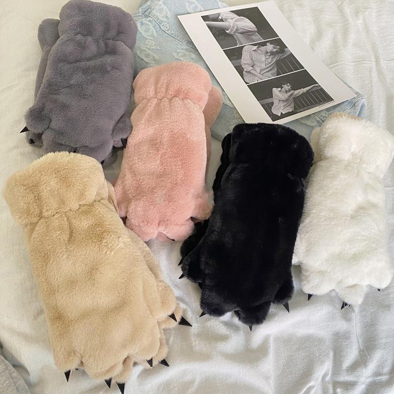 1 Pair Winter Women Bear Palm Paw Plush Gloves Lovers Plushclaw Glove Fluffy Cat Paw Full Finger Gloves Contains Plush Inside