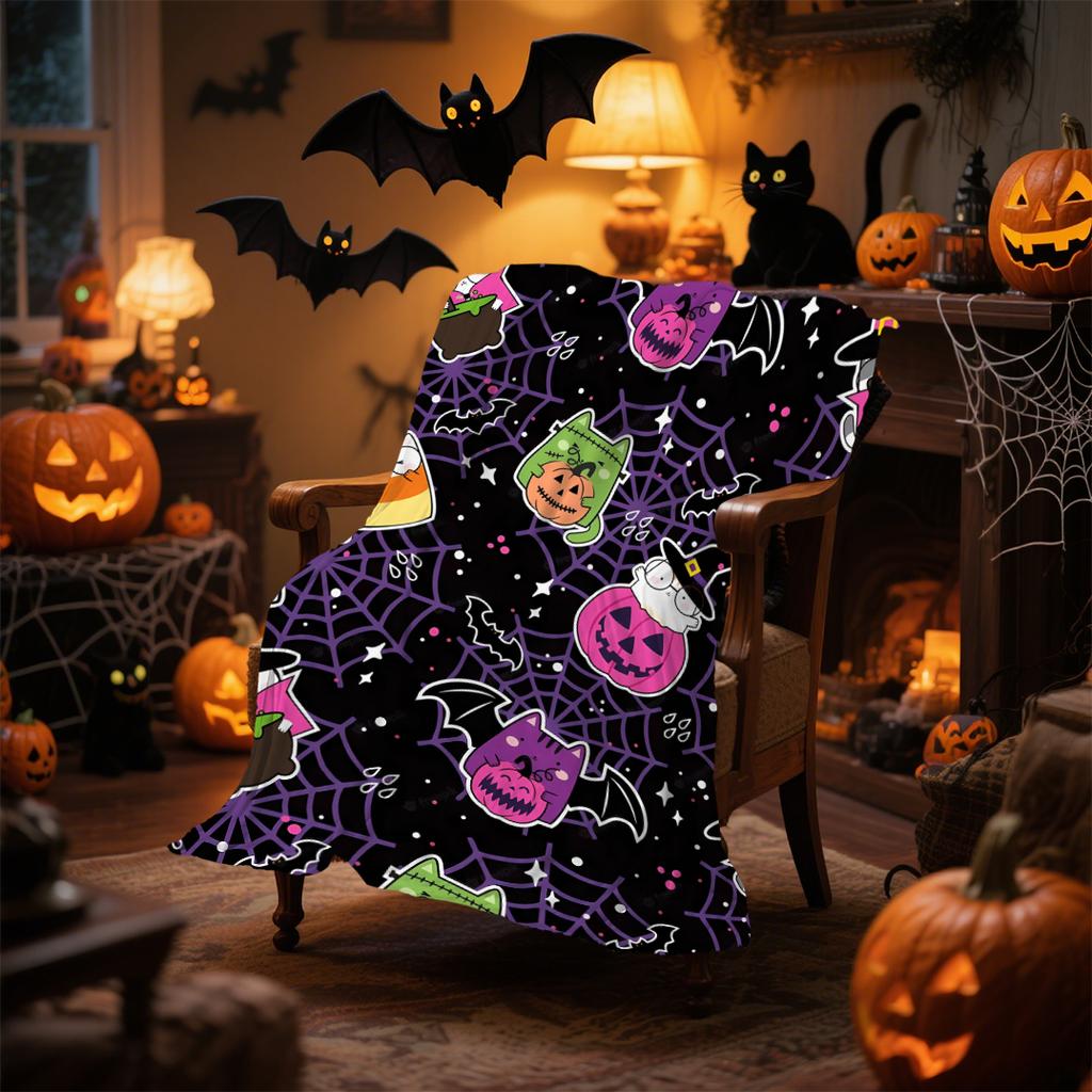 1pc Orenge Purple Halloween Blanket Ghost Bats Print for Sofa Skin-Friendly Soft Blanket New for Home Halloween Decoration
