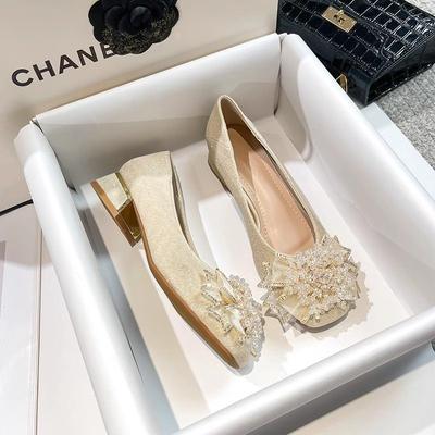 Large Size 41-42 Low Heel French Temperament Single Shoes Women's Spring and Autumn New Xiuhe Engagement Shoes Thick Heel Light Mouth Bride Shoes