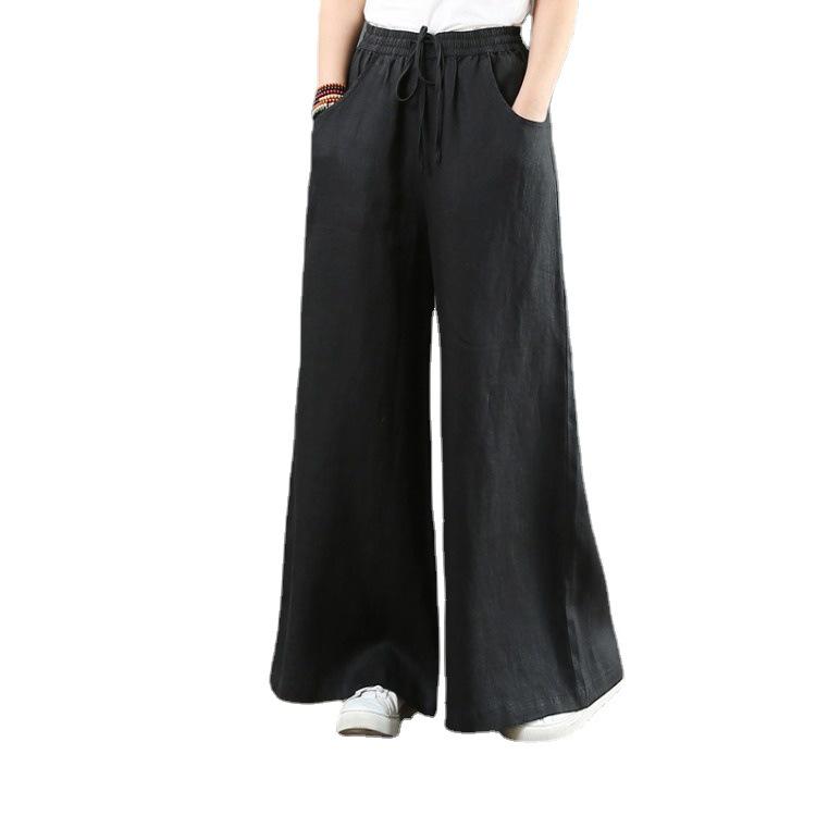 Women's High-Waisted Cotton & Linen Wide-Leg Pants - Plus Size, Loose, Casual Nine-Point Length
