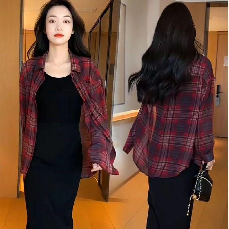 Summer Womens Lightweight Checkered Shirt Long Sleeve Open Front Cover Up Blouse Thin Breathable Top