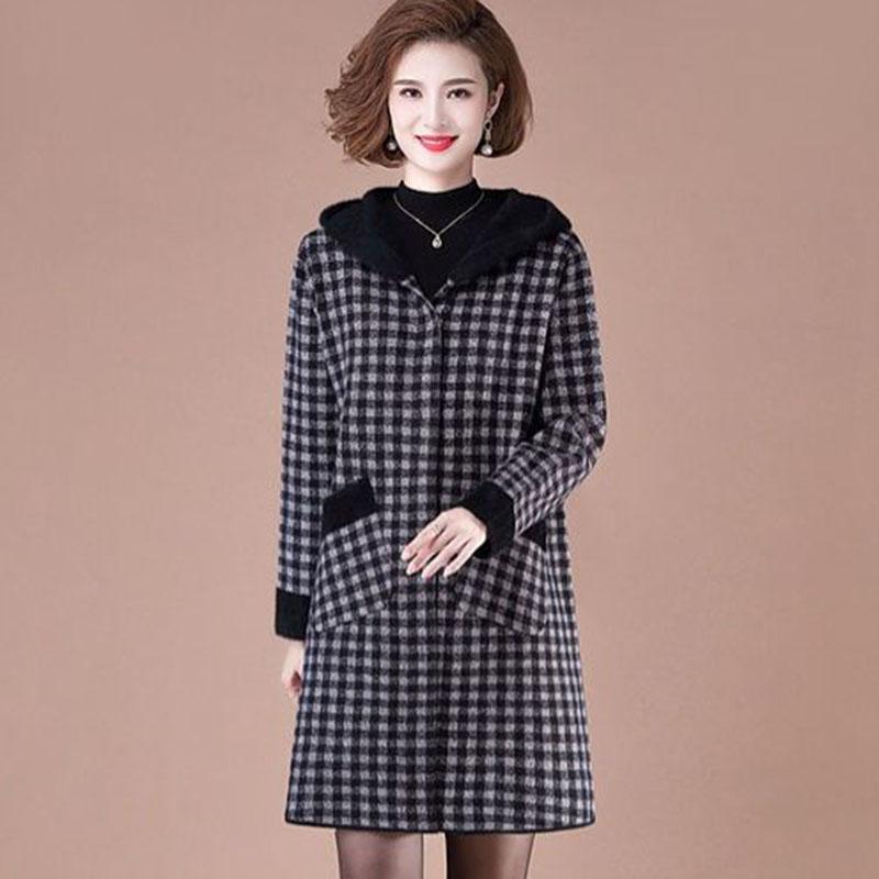 Dámský větrovník Podzimní Hrubý Plyšový Teplý Kabát Korejský Volný S Kapucí Dlouhý Kostkovaný Kabát Dámská Fleecová Bunda