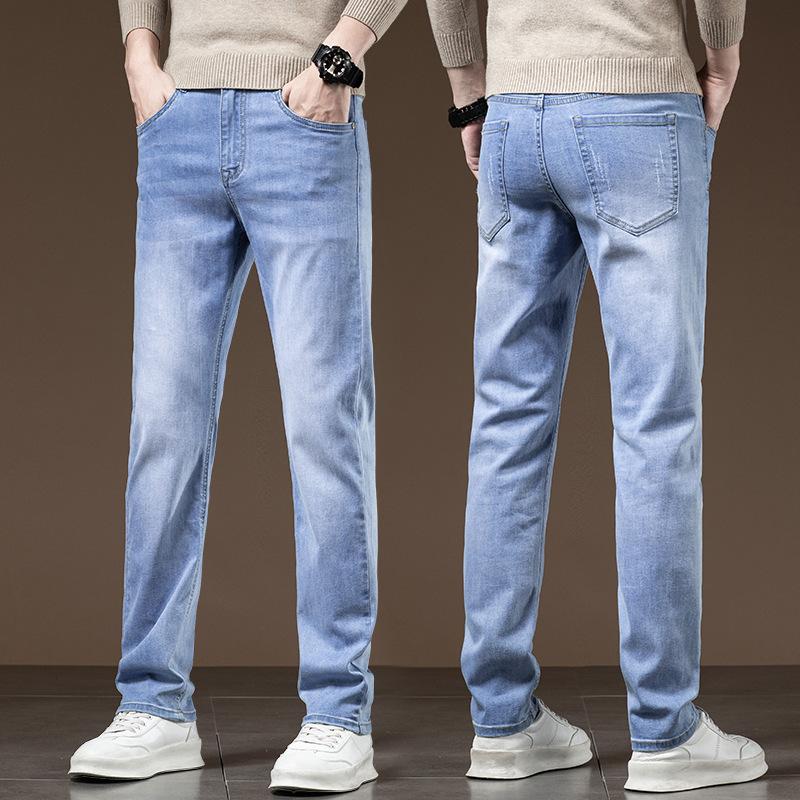 

Джинсы прямого кроя слим фит мужские летние тонкие джинсовые повседневные длинные брюки модная молодежная мода универсальные классические синие брюки 6XL