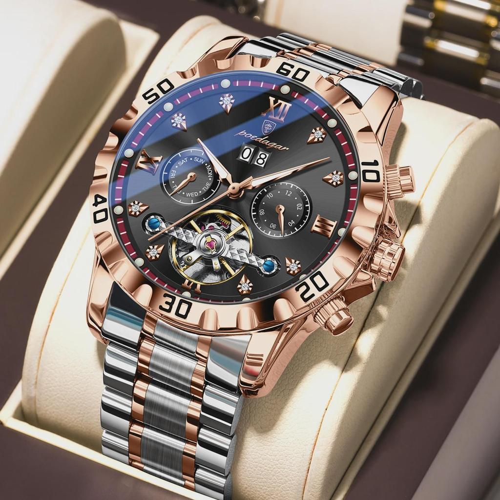 POEDAGAR Top Luxus Herrenuhr Automatisch Datum Woche Herren Armbanduhr Hohl Tourbillon Mechanisch Edelstahl Herrenuhr