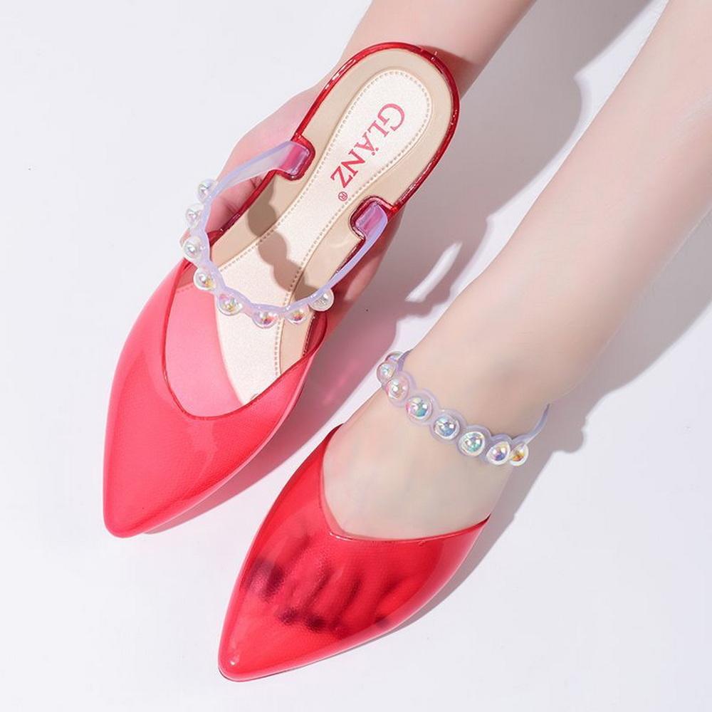 

Модные FHC 2025 Новые женские хрустальные шлепанцы, Прозрачные шлепанцы, Летняя обувь с закрытым острым носком, Повседневная обувь, Черный, Фиолетовый, Красный, Дропшиппинг 36 красный