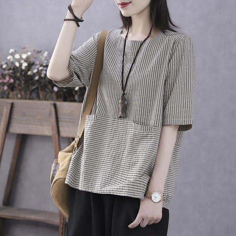 Tricou de vară retro cu dungi în stil coreean - Mânecă scurtă, Croială largă, Mărimi mari, Top casual pentru femei