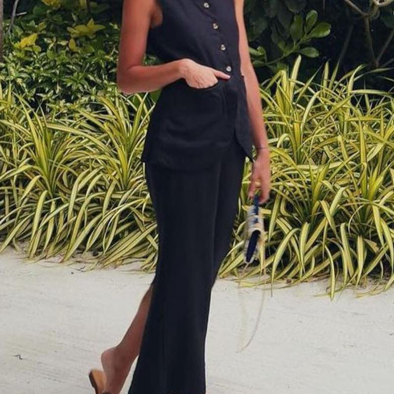 New French Style Lazy Casual Pure Cotton Square Neck Sleeveless Vest and Skirt Set for Women