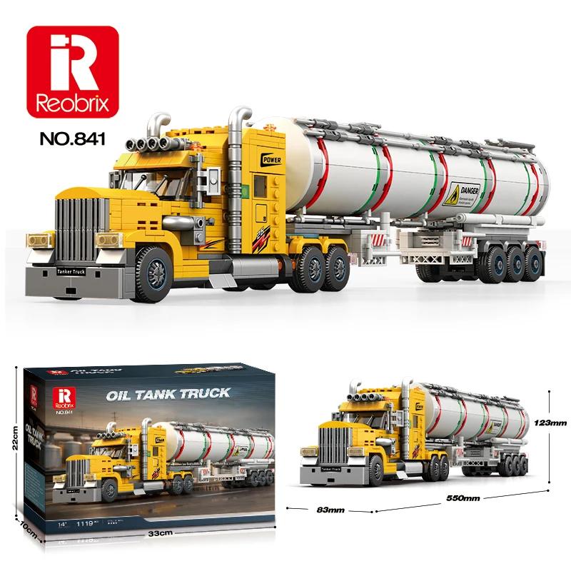 Reobrix 841 Technical Oil Tanker Trailer Building Blocks American Conventional Truck Model Bricks Desktop Display Toys Boys Gift