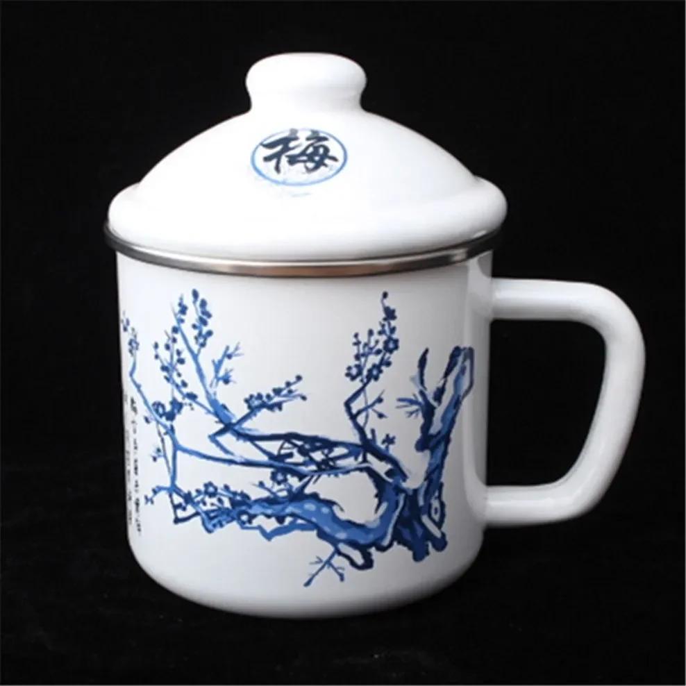 700ML Enamel Cup Chinese Style Blue And White Porcelain Tea Mug With Lid 10CM Caliber Office Teacup Nostalgic Enamel Mug 601-700ml