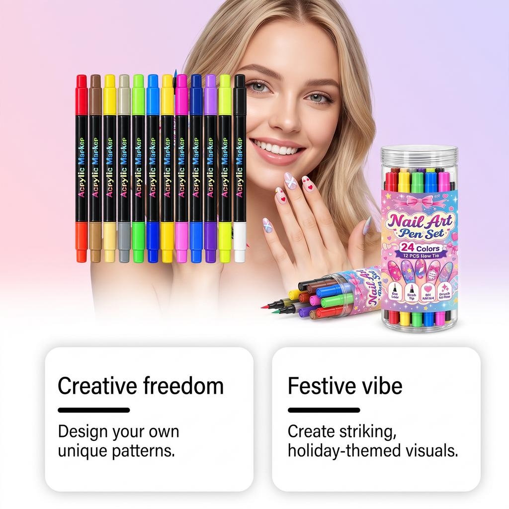 Dual End Nail Art Markers, 24 Colors Nail Painting Pen Kit for Home DIY Nail Decorations, Smooth Ink Flow Nail Drawing