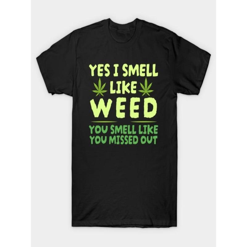 

European sizes Men S Funny Yes I Smell Like Weed Graphic T-Shirt - Breathable Black, Loose Fit Round Neck Short Sleeve with Leaf Print & Slogan 4XL чорний