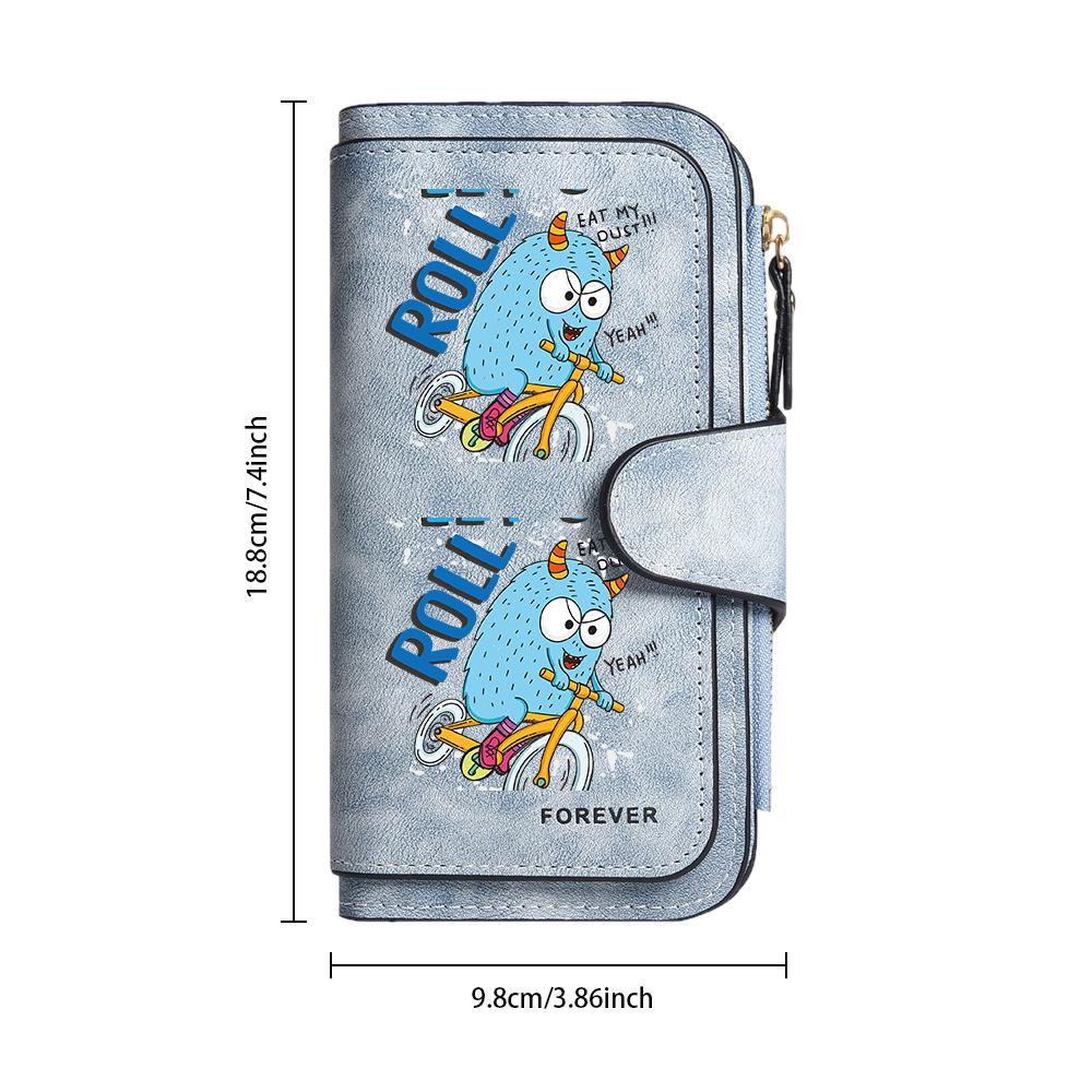 Cute Cartoon Monster Bifold Wallet Fashion PU Leather Long Purse Portable Card Holder Daily Use Casual Zipper Wallet