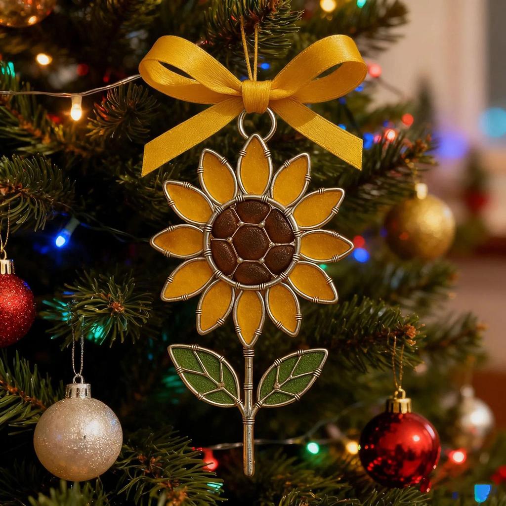 Christmas Tree Ornaments 2D Acrylic Sunflower Pendant Sunflower Ornaments Christmas Tree With Bow Design For Winter Holiday