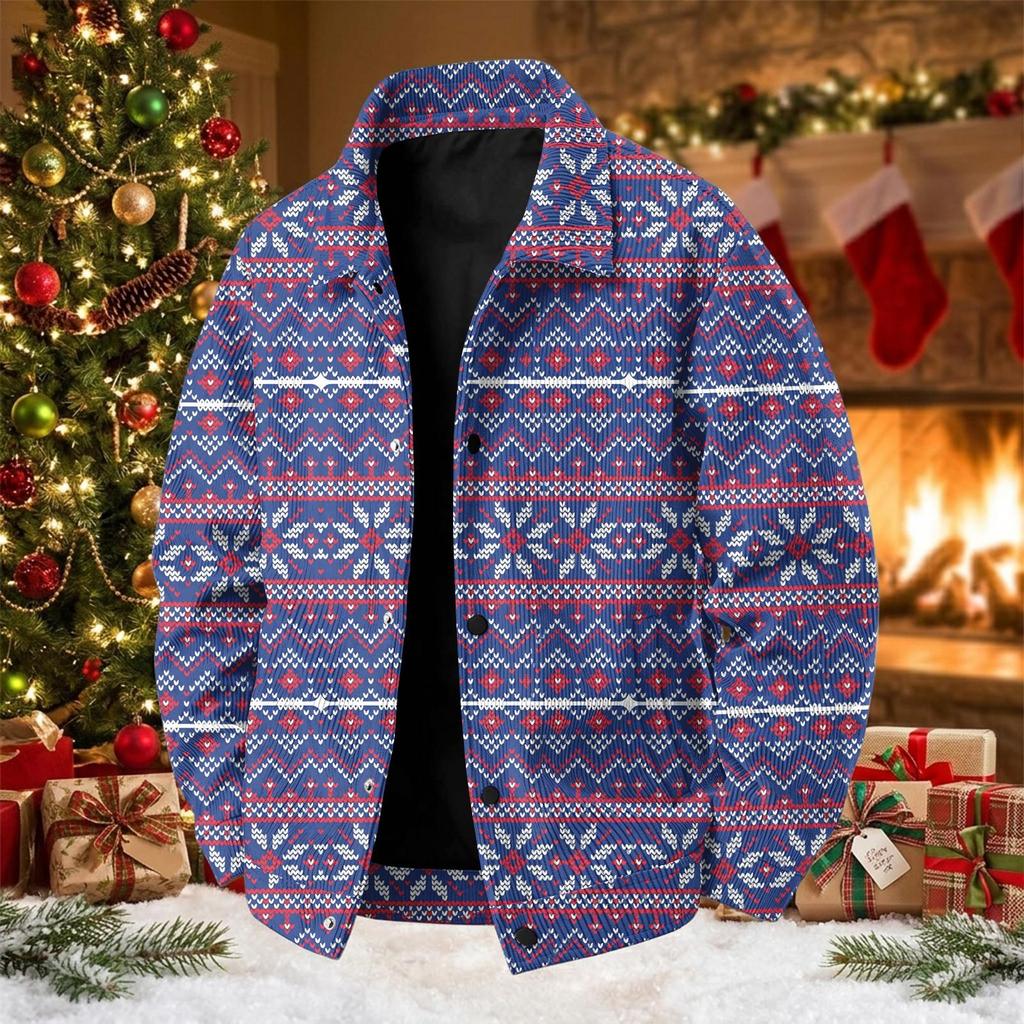 Men's Corduroy Jacket Loose Fit Casual Long Sleeve Lapel Collar Top with Christmas Print for Fall and Winter