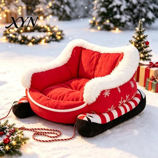 Easy Clean Pet Nest Christmas Sleigh Dog Bed with Non Slip Base, Plush Calming Sofa Cozy Winter Furniture for Indoor Outdoor, Fun House Cats