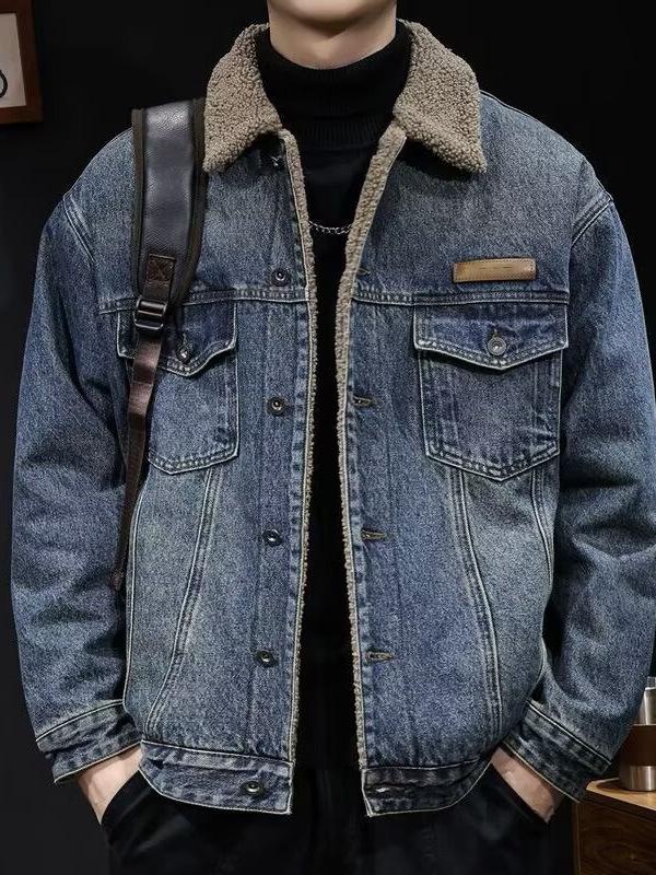 Herr Retro Denim Kragjacka - Casual Lös Passform Arbetskläder Rock
