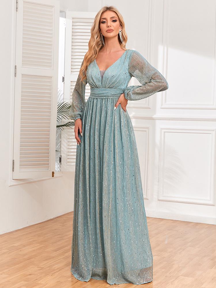 European Style Shiny Pleated Long Sleeve V-Neck A-Line Evening Gown