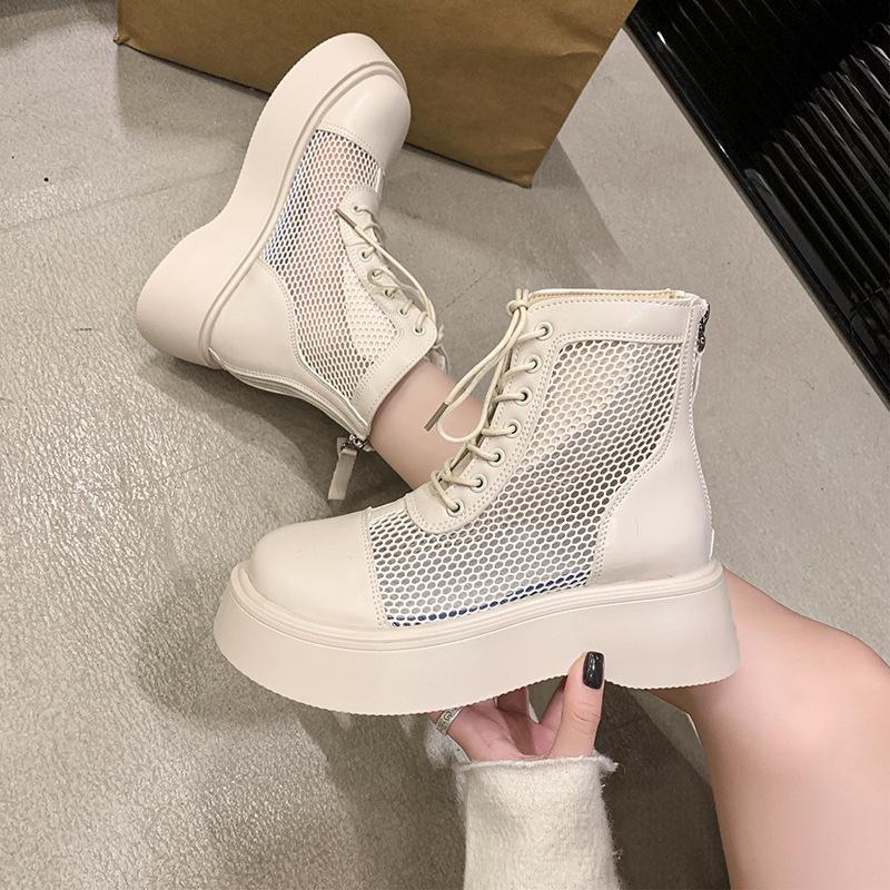 Mesh 2025 women's net boots hollow and thin new soft leather muffin breathable short boots season thin Martin boots summer thick sole