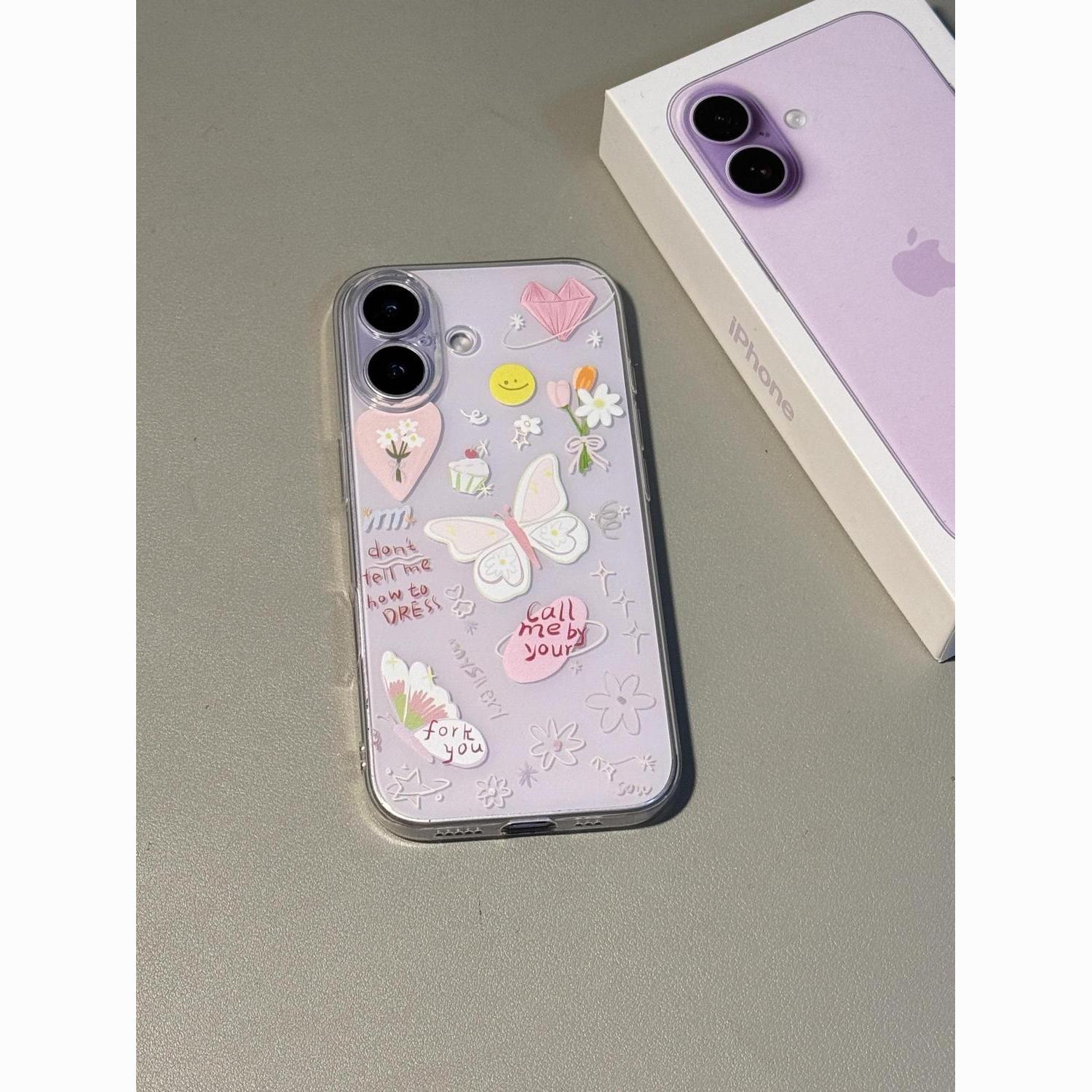 

Korean Style Transparent Drop-proof Phone Case with Flower Butterfly Design for Apple XR, 11, 12, 13, 14, 15, 16, 17 Pro Max. 17PROMAX